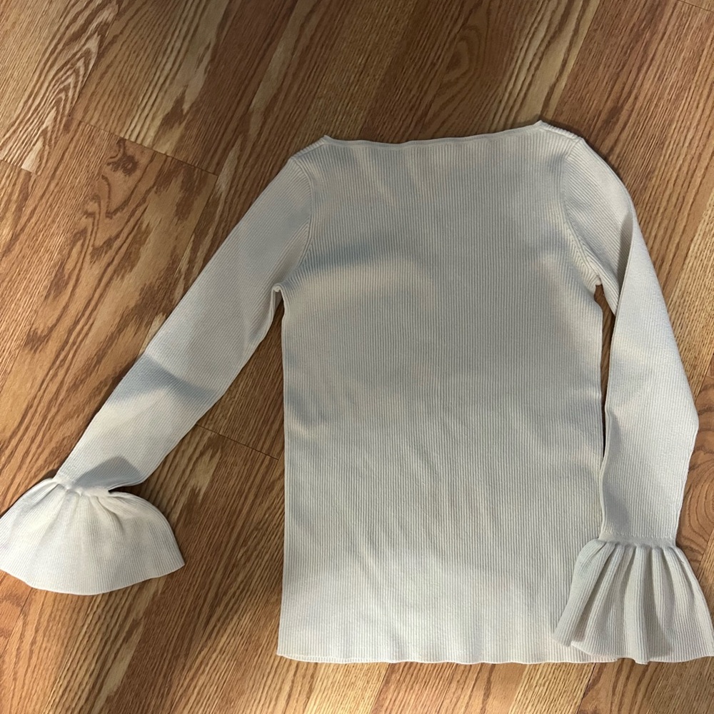 Lauren Ralph Lauren Cream Ribbed Boatneck Long Sleeve Top with Bell Cuffs